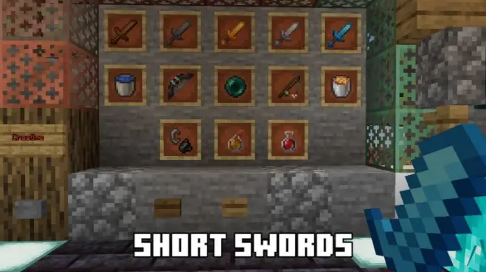 ALT Display of short swords and items on wall