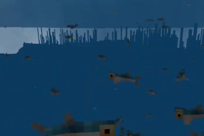 Pixelated sardines swimming in the ocean