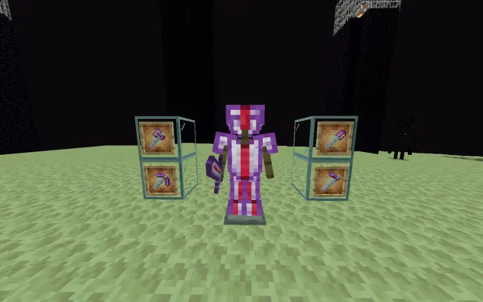 Character in pink armor with new tools displayed.
