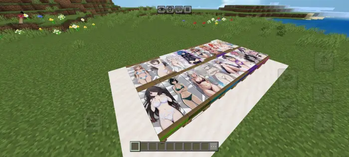 Anime waifu artwork on bed overlays.