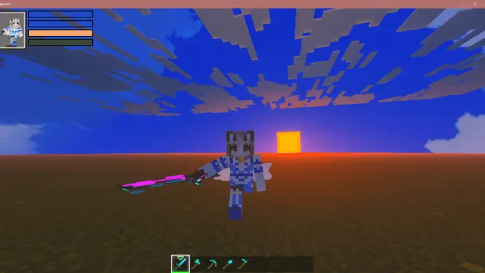 Character with glowing weapon at sunset