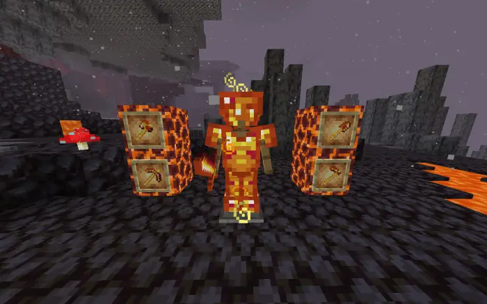Player in fiery armor with tools displays.