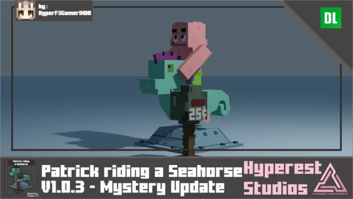 Patrick character riding a blocky seahorse