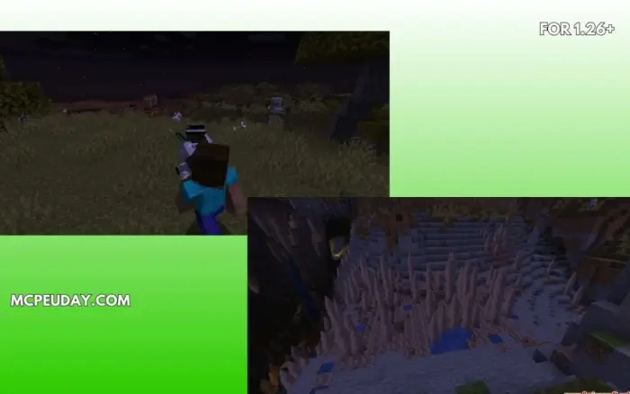 Players explore eerie landscape at night.
