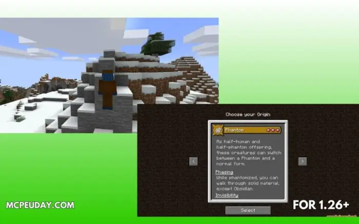 Player on snowy hill; mod origin selection menu.