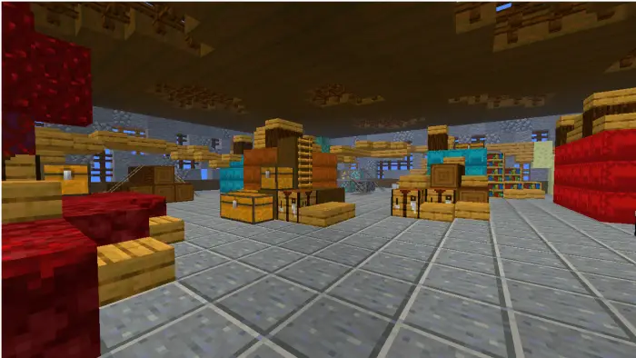 Warehouse map with crates, chests, and shelves