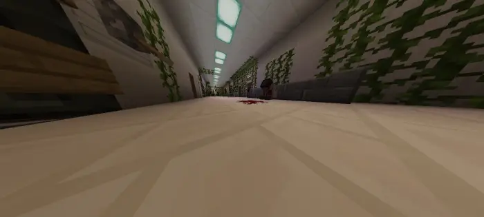 Dim hospital hallway with vines and blood stain