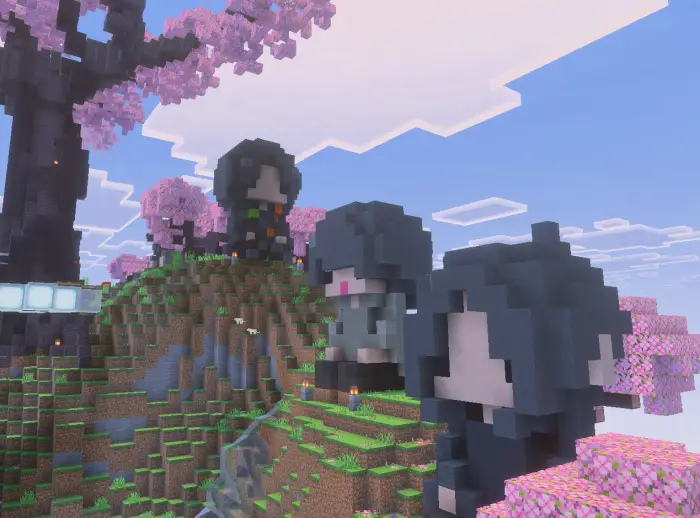 Pixel art statues in a cherry blossom park.