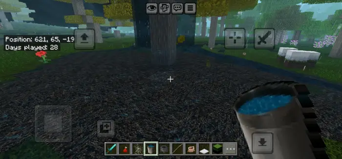 Rain puddles and ripples near a tree