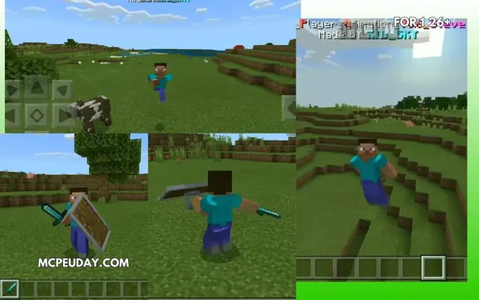 1. Character running across grassy field 2. Character sprinting with sword and shield 3. Character mining with pickaxe 4. Cha