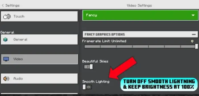 ALT Video settings menu with smooth lighting off