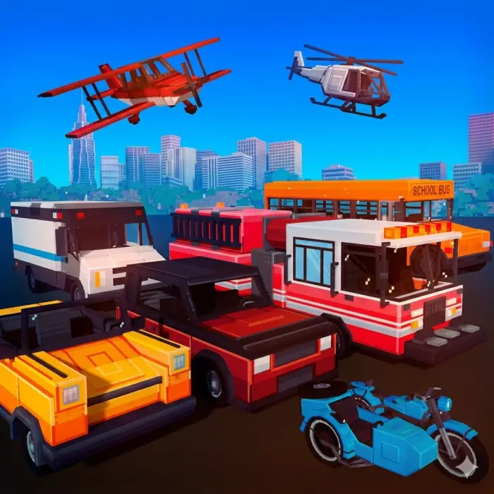 Blocky vehicles and aircraft in a cityscape