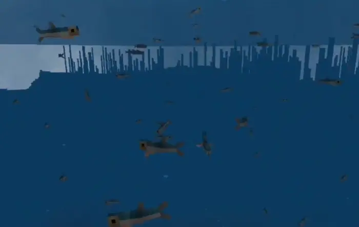 Pixelated sardines swimming in the ocean.