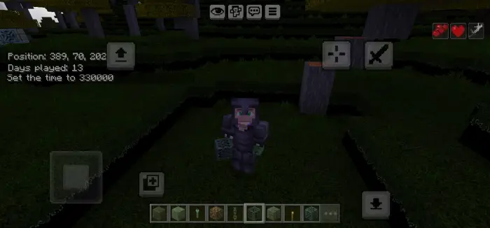 Player in armor holding block at night