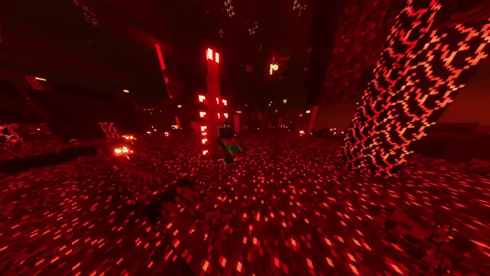 Glowing red forest with pixelated terrain