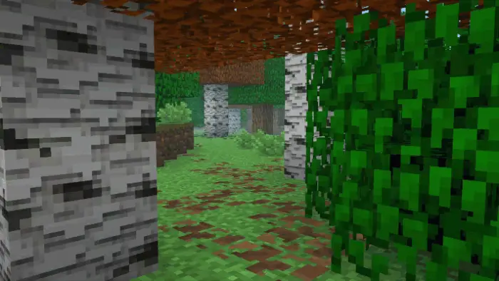 Pixelated birch forest with vibrant greenery