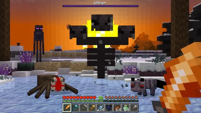 Wither boss and infected mobs at sunset