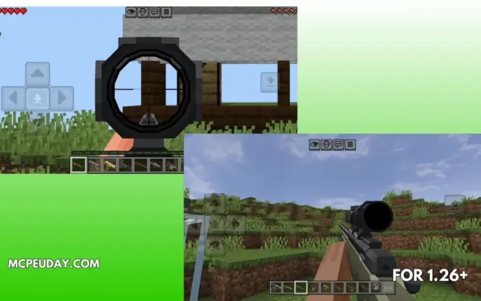 Player aiming scoped rifle in blocky world