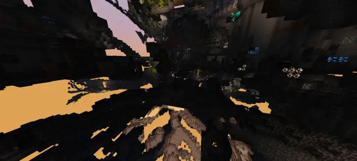 Glowing ores scattered in a dark cave.