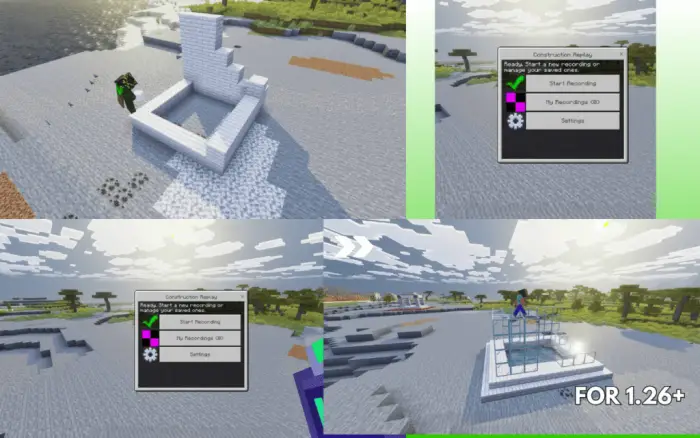 1. Player building with white blocks 2. Replay addon menu interface 3. NPC on glass build structure