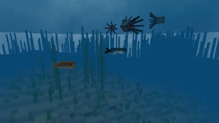 Blocky sea creatures swimming underwater