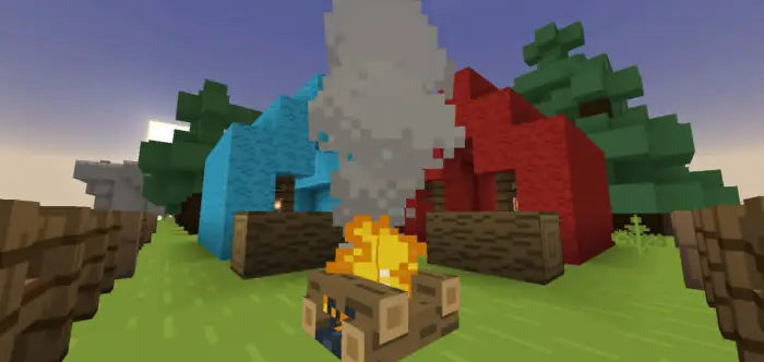Colorful block houses with a campfire outside