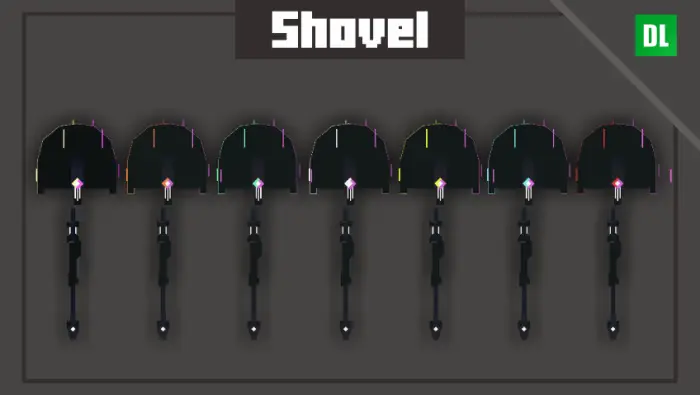 Futuristic pixel shovels with neon accents