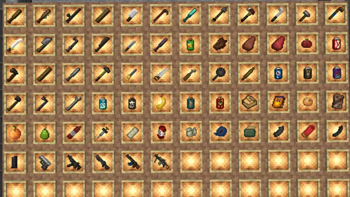 Grid of survival weapons, foods, and drinks