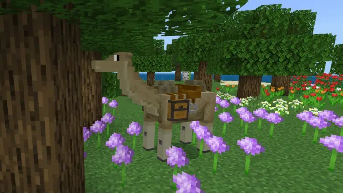 Blocky camel with a saddle in a flower field