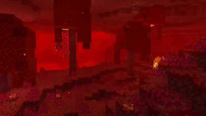Vivid red cavern landscape with glowing lava