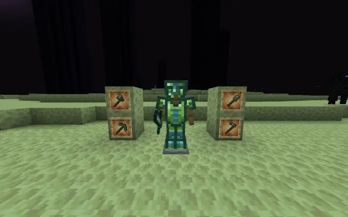 Green armored figure with tools on display