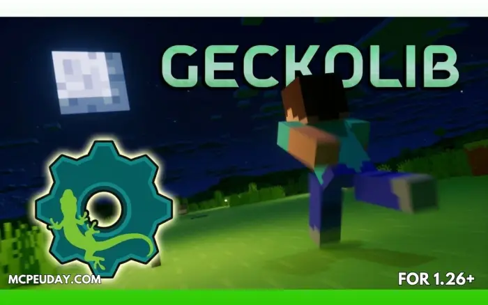 Blocky character runs under moon, gear logo