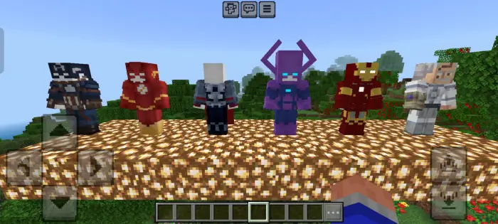 Six superhero characters on a glowing platform