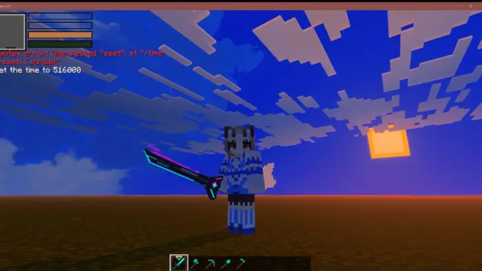 Character holds glowing blue and pink sword.