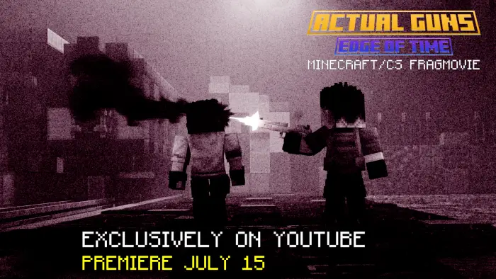 Two blocky characters firing guns at night.