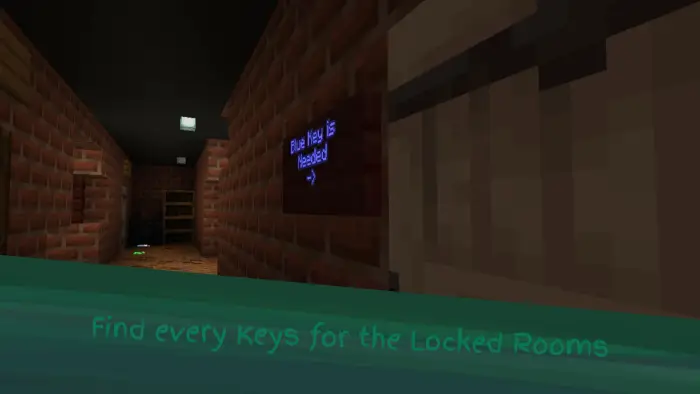 Dimly lit brick hallway with a blue key sign