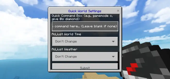 Quick world settings menu over blue sky