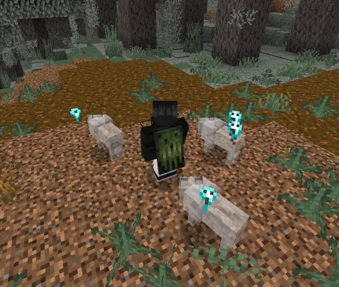 Player with unique wolf companions in forest