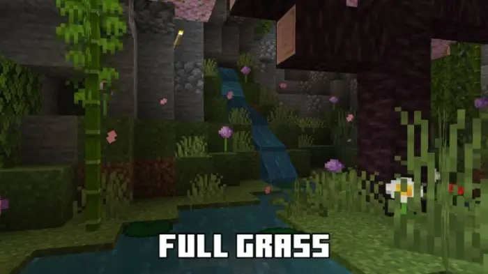 Lush cave scene with grass and flowers