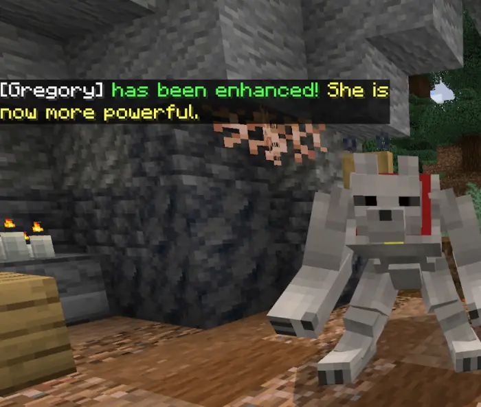 Blocky wolf companion with enhancement message.