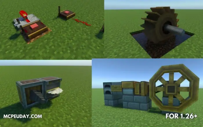 1. Top left Redstone automation setup 2. Top right Wooden water wheel 3. Bottom left Conveyor and saw machine 4. Bottom right