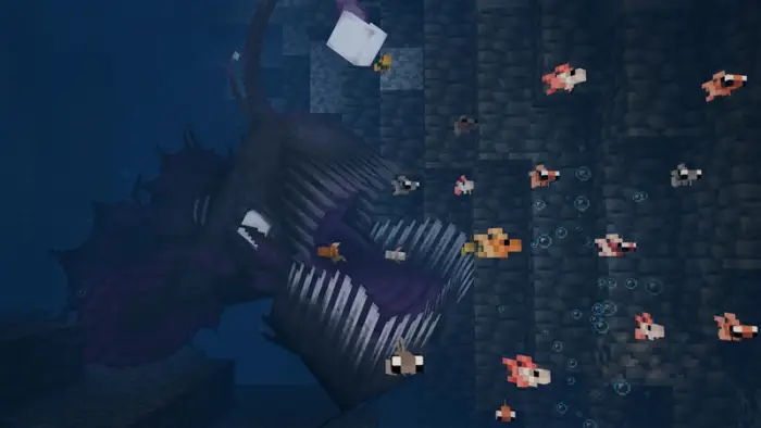 Pixel fish swim near a giant sea creature.