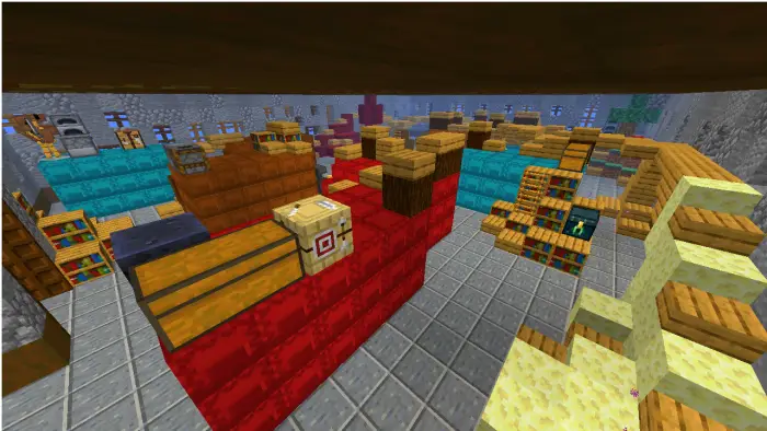 Colorful warehouse training area with shelves