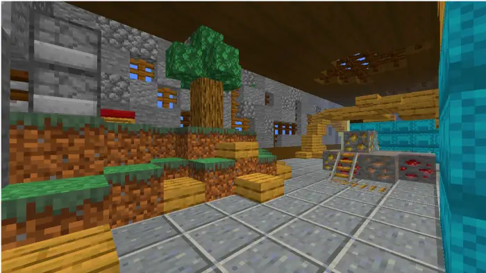 Indoor training area with tree and rails