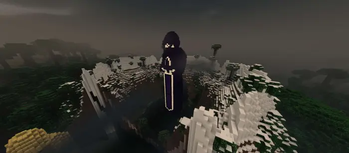 Hooded figure statue under aurora night sky