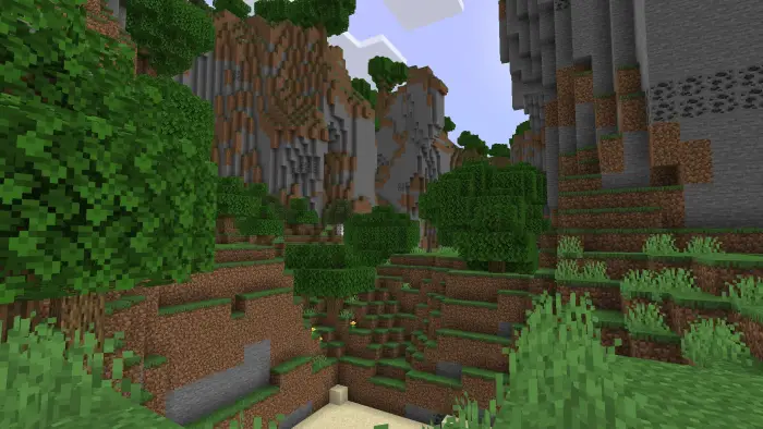 Blocky hills and trees in a voxel landscape