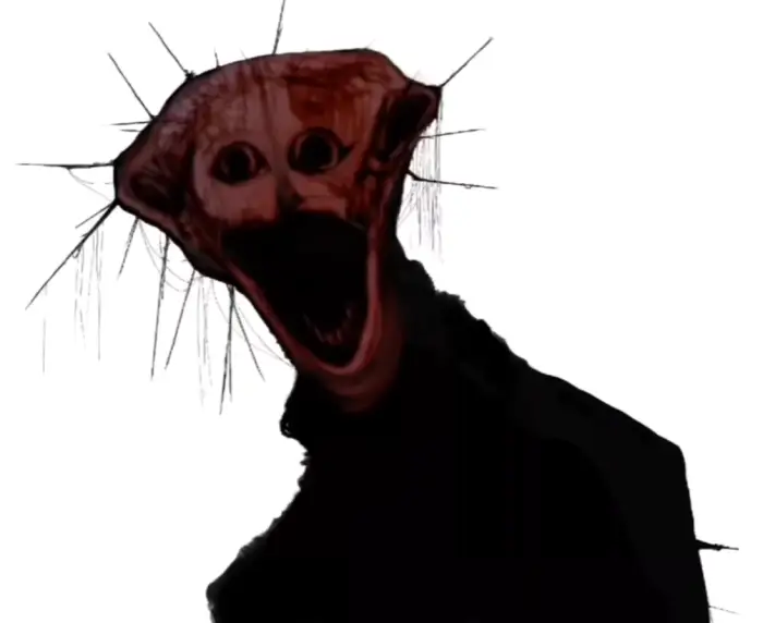 Distorted creature with wide mouth screaming.
