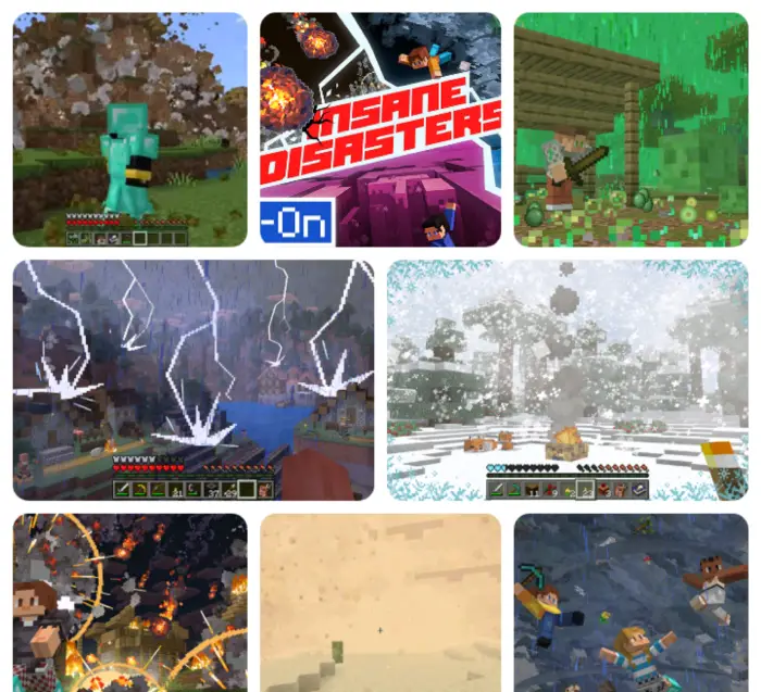 1. Character escaping explosion 2. Insane Disaster mod logo 3. Player amid acid rain 4. Lightning storm over village 5. Blizz