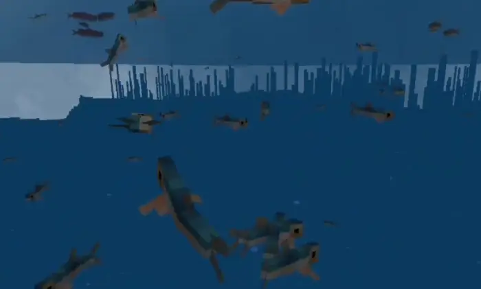 Pixelated sardine fish swim in ocean biome.