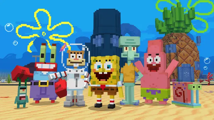 Blocky SpongeBob characters in Bikini Bottom